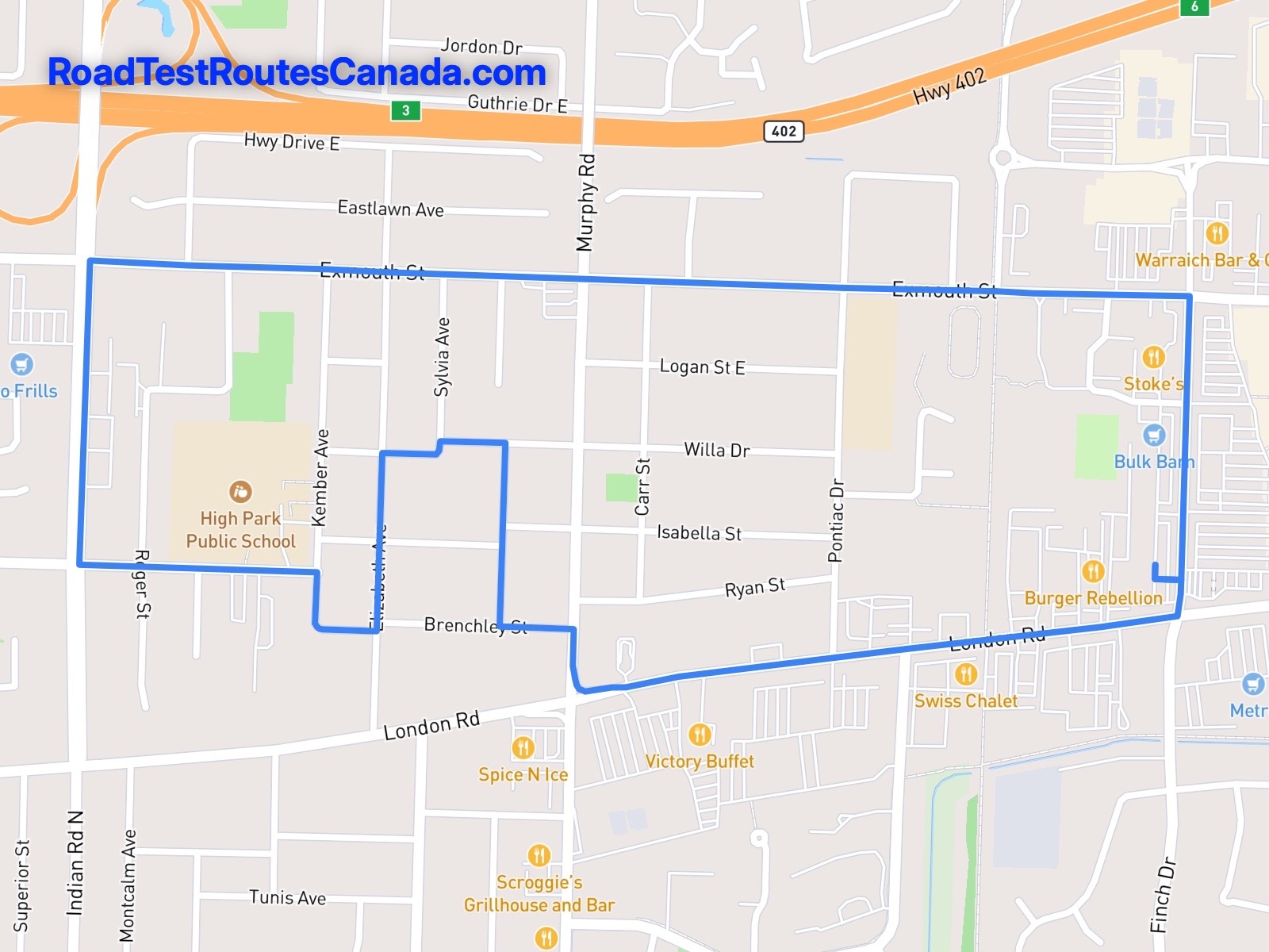 Sarnia Sample Drive Test Route Map